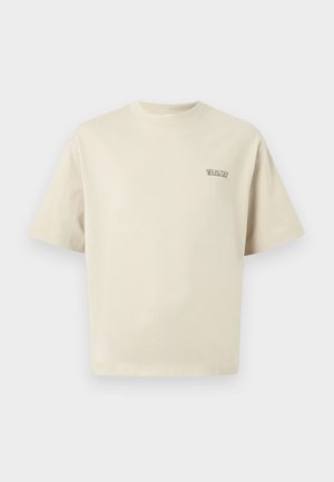 Beige cotton t-shirt with short sleeves, a rounded neckline, and a small "SELECTED" logo on the left chest. Smooth texture.