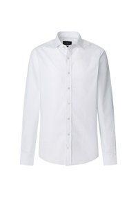 Camicia bianca a maniche lunghe realizzata in tessuto liscio, con un sottile motivo texture, colletto standard e chiusura con bottoni davanti.