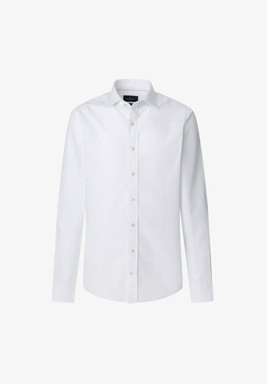 Biała koszula z długim rękawem, wykonana z gładkiego materiału, z subtelnym wzorem teksturalnym, standardowym kołnierzykiem i zapięciem na guziki.
