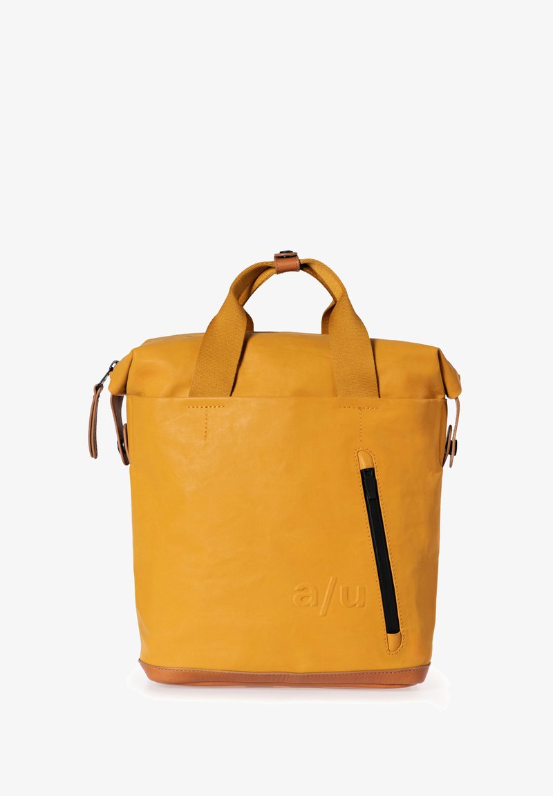 Gelbe Lederhandtasche mit strukturiertem Design, doppelten Griffen, verstellbaren Riemen und einer seitlichen Reißverschlusstasche. Mit geprägt Markenlogo und glatter Textur.