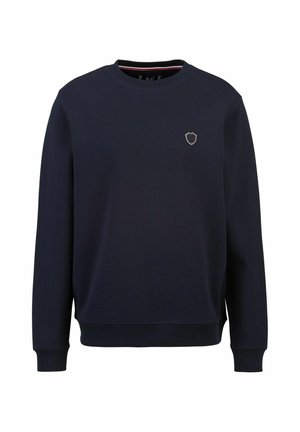 Marineblauwe sweatshirt met lange mouwen, geribbelde manchetten en een ronde hals. Bevat een klein geborduurd schildenlogo op de borst.
