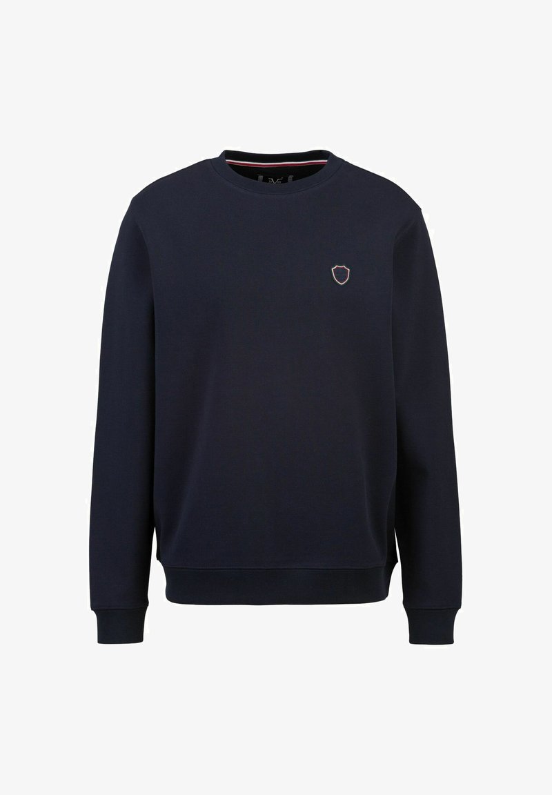 Marineblaue Sweatshirt mit langen Ärmeln, gerippten Bündchen und Rundhalsausschnitt. Verfügt über ein kleines gesticktes Wappenlogo auf der Brust.