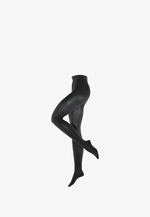 Collants noirs côtelés avec une texture lisse, présentant une taille confortable et un pied moulé, conçus pour un ajustement serré.