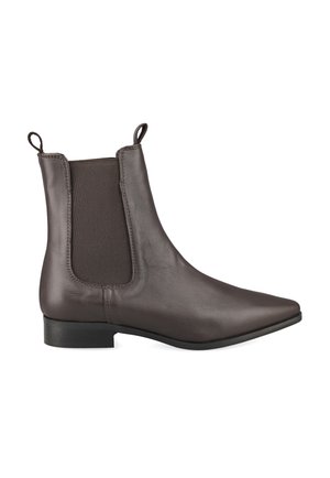 Dark brown leather ankle boot with elastic side panel, pull tabs at front and back, low heel, and pointed toe.