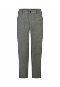 Grijze, getextureerde broek met een rechte snit, voorzien van een enkele knoopsluiting en ceintuurlussen. Materiaal lijkt geweven voor extra detail.