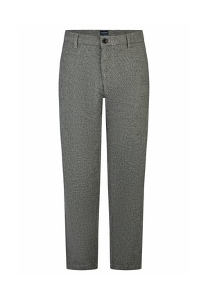 Grau strukturierte Hose mit geradem Schnitt, ausgestattet mit einem Ein-Knopf-Verschluss und Gürtelschlaufen. Das Material scheint gewebt zu sein, um zusätzliche Details zu verleihen.