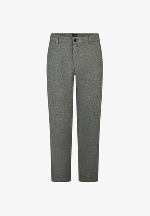 Grau strukturierte Hose mit geradem Schnitt, ausgestattet mit einem Ein-Knopf-Verschluss und Gürtelschlaufen. Das Material scheint gewebt zu sein, um zusätzliche Details zu verleihen.