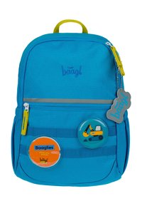 Zaino blu con accenti gialli, tessuto testurizzato, tasca frontale con cerniera e due bottoni rimovibili con design e etichette.