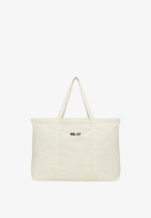 Grand sac fourre-tout couleur crème avec deux bretelles et le texte "NN. 07" imprimé en noir au centre devant.