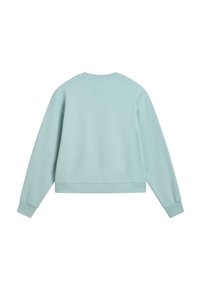 Felpa azzurra chiara con girocollo, spalle scese e polsini a coste. Realizzata in morbido cotone. Nessun motivo o dettaglio particolare.