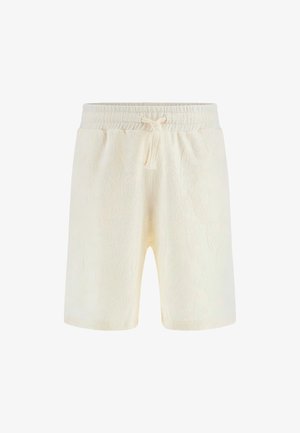 Pantaloni scurți de culoare crem, cu talie elastică și șnur, având un model reliefat cu frunze și fructe pe întreaga țesătură.