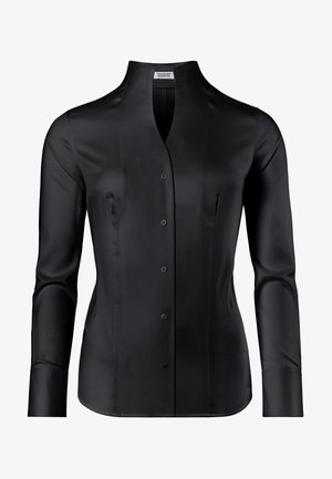 Black button-up shirt featuring a stand collar, long sleeves, smooth fabric, and a tailored fit with six buttons down the front.