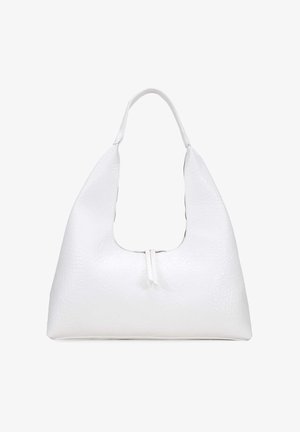Bolso de hombro blanco de cuero con una superficie suave y texturizada, forma curvada y un cierre central con cremallera. Diseño generoso y espacioso.