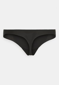 Crne bikini gaćice od glatkog, rastezljivog materijala. Imaju nisku poziciju struka i bešavne ivice za minimalistički izgled.