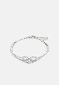 Bracciale in argento con simbolo dell'infinito adornato da cristalli trasparenti, una banda elegante e una catena regolabile con chiusura a gancio.