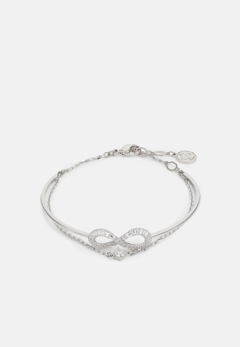Bracciale in argento con simbolo dell'infinito adornato da cristalli trasparenti, una banda elegante e una catena regolabile con chiusura a gancio.