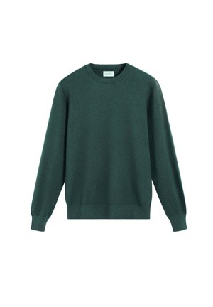 Suéter de punto verde con cuello redondo, mangas largas, puños acanalados y dobladillo. La textura parece suave y lisa, adecuada para un uso casual.