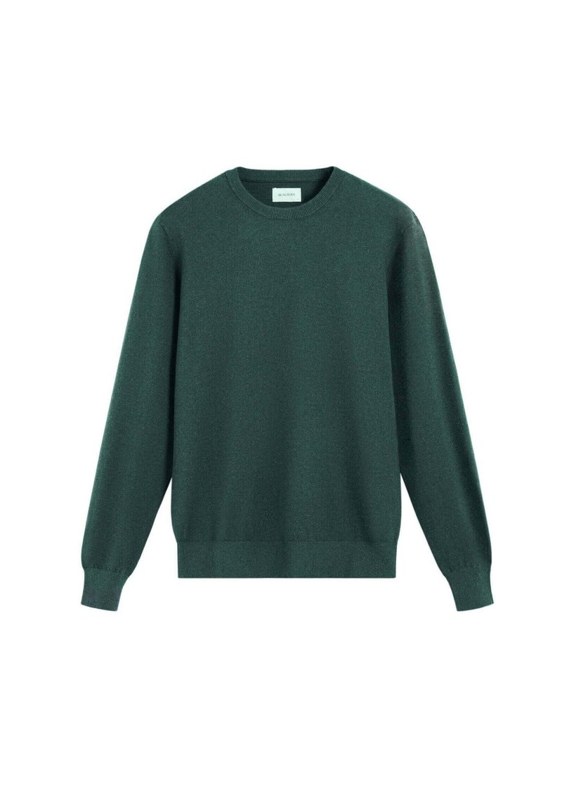 Suéter de punto verde con cuello redondo, mangas largas, puños acanalados y dobladillo. La textura parece suave y lisa, adecuada para un uso casual.