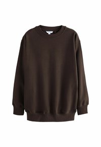 Pruun dressipluus, mis on valmistatud pehmest kangast, millel on ümmargune kaelus, pikad varrukad, soonikkoes mansetid ja lõdvem lõige. Lihtne, minimalistlik disain.