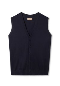 Marinblå ärmlös cardigan med v-ringning, prydd med en rad av sex mörka knappar och ribbad nederkant. Mjuk stickad tyg med minimal struktur.