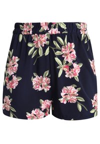 Námořnické šortky vyrobené z měkké látky, s květinovým vzorem růžových květin a zelených listů, a elastickým pasem pro pohodlí.