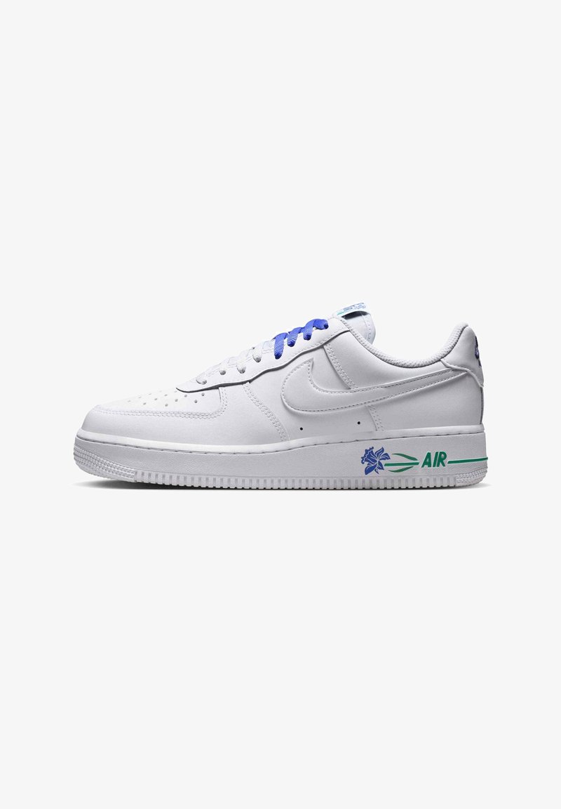 White Nike Air Force 1 sneaker with blue laces and a blue flower with green "AIR" text and design on the white sole side.
