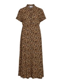 Rochie midi cu imprimeu de leopard, realizată dintr-un material moale, având guler, mâneci scurte și un croi evazat pentru confortul mișcării.