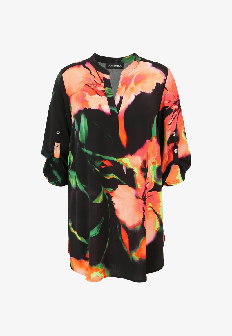 Schwarze Bluse mit floralem Muster in lebhaften Rosa- und Grüntönen, Dreiviertelärmel und V-Ausschnitt. Mit Knopfakzenten an den Ärmeln.