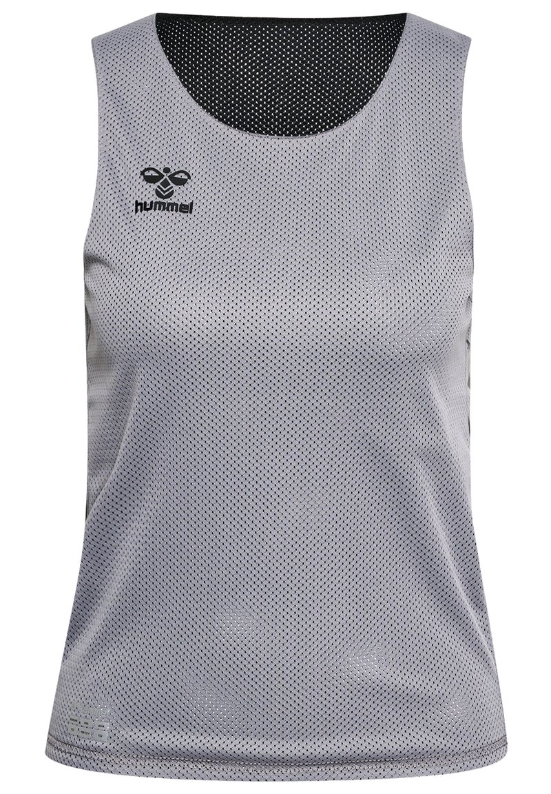 Grå ärmlös sporttop i andningsaktiv mesh, med rundad halsringning och svart Hummel-logotyp framtill.