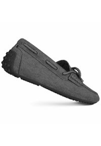 Grau gefärbter Mokassin-Schuh aus weichem Obermaterial, mit Schnürdetails und einer schwarzen Gummisohle, die mit Grip-Punkten für besseren Halt ausgestattet ist.