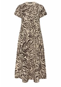 Maxime dressissä on beige ja ruskea aaltoilukuosi, jossa on lyhyet hihat, pyöreä kaula-aukko ja väljä siluetti. Pehmeä, teksturoitu kangas.