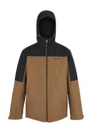 Chaqueta de exterior con capucha en marrón y negro, con cremallera frontal y puños ajustables, diseñada para protección contra el clima y uso casual.