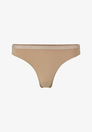 Beiger Tanga aus weichem Stoff, mit schmalem Bund und "FALKE"-Logo. Glatte Textur, minimalistisches Design und niedrig geschnitten.