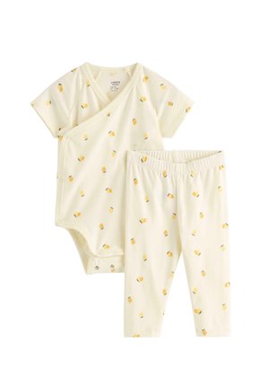 Hvid-til-cremefarvet babykimono-body og bukser med gult citronprint og trykknapper på bodystukken.