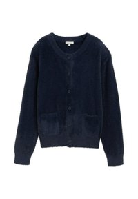 Marineblau, flauschige Strickjacke aus weichem Material, mit einem runden Ausschnitt, vorderen Knöpfen und zwei aufgesetzten Taschen.