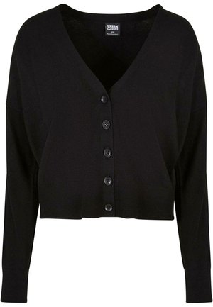 Svart kort cardigan med dyp V-hals, lange ermer og seks frontknapper. Mykt stoff med en glatt tekstur og minimal detaljer.