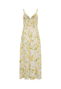 Robe longue sans manches à fines bretelles, corsage ajusté et motif floral abstrait jaune-vert sur fond blanc.