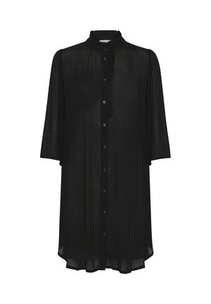 Črna srajca z gumbi iz prozorne tkanine z nabranim ovratnikom in tri četrtinskimi rokavi. Ima ravno krojenje in subtilno teksturo.