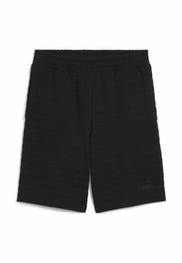 Șorturi sportive negre dintr-un material texturat, având un tiv elastic cu textura �în relief și dungi orizontale subtile. Logo-ul imprimat în partea stângă jos.