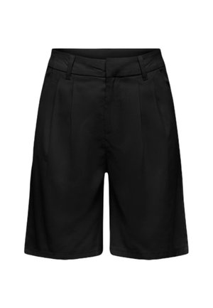 Pantaloncini neri su misura, lunghezza al ginocchio, con passanti per cintura, pieghe frontali e tasche laterali, progettati per un look formale o semi-formale.