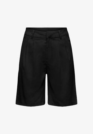 Sorte, skræddersyede shorts til knæet med bæltestropper, for-rynker og sidelommer, designet til et formelt eller semiformal udseende.