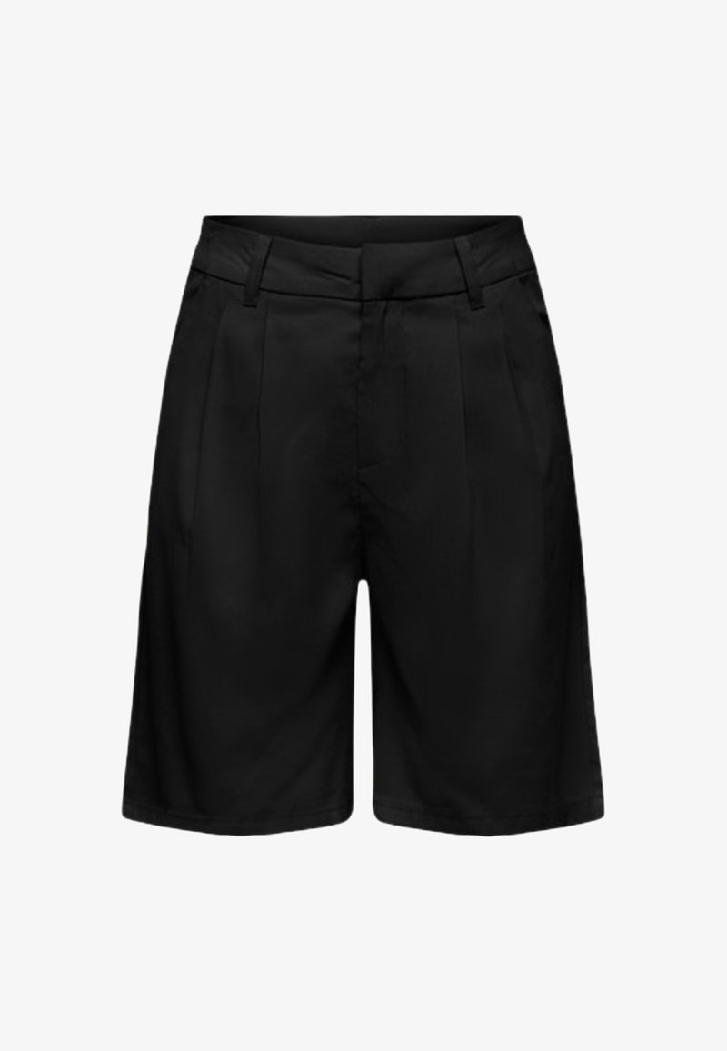 Shorts noirs sur mesure à genoux avec passants de ceinture, plis devant et poches latérales, conçus pour un look formel ou semi-décontracté.