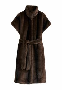 Brown faux fur robe with a high collar, short sleeves, and belt. Soft, textured fabric with a smooth lining and knee-length design.