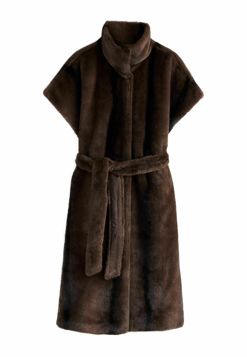 Brown faux fur robe with a high collar, short sleeves, and belt. Soft, textured fabric with a smooth lining and knee-length design.