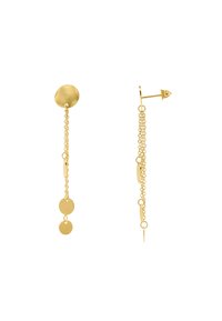 Boucles d'oreilles en or avec un clou rond et plusieurs chaînes ornées de charmes circulaires et ovales de différentes tailles, présentant un design élégant et délicat.