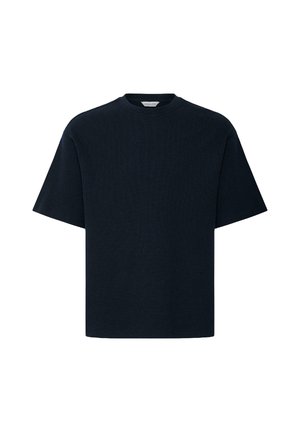 Zwart T-shirt met korte mouwen en ronde hals, losse pasvorm en subtiele geribbelde structuur, op een witte achtergrond.