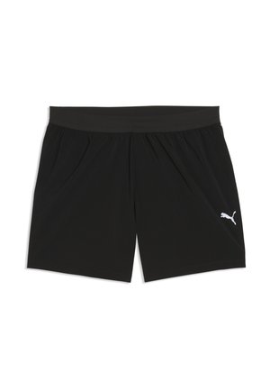Czarne sportowe szorty z elastycznym paskiem i kieszeniami po bokach, z małym białym logo Puma na prawej nodze.