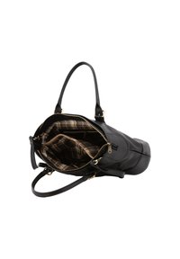 Borsa tote in pelle nera con hardware dorato, con un interno a quadri e molteplici scomparti per l'organizzazione. Vista aperta mostrata.