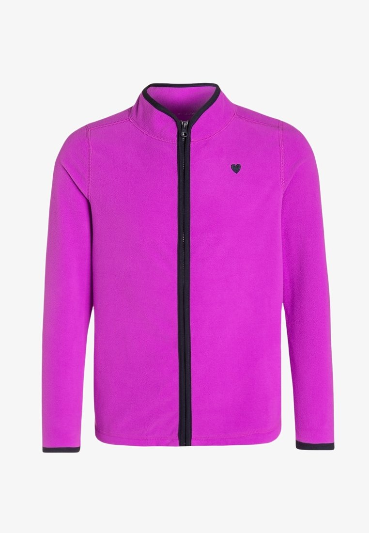 Veste polaire violet vif avec fermeture éclair noire, bordure noire sur le col et les poignets, et petit emblème en forme de cœur noir sur le côté gauche de la poitrine.