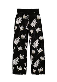 Zwarte fluwelen wijde broek met een bloemenpatroon en zilveren en groene accenten, die een zachte textuur en een losse pasvorm toont.